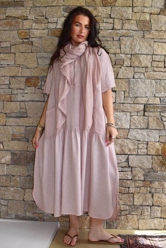 Rustic Nature Linen Blend Smock T Shirt Dress Washed Ballet Blush